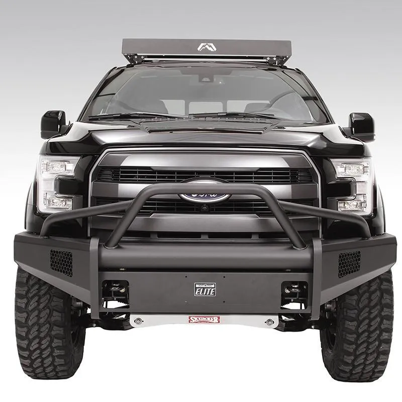 Elite Front Bumper; 2 Stage Black Powder Coated; w/Full Grill Guard; Incl. Light Cut-Outs; product image
