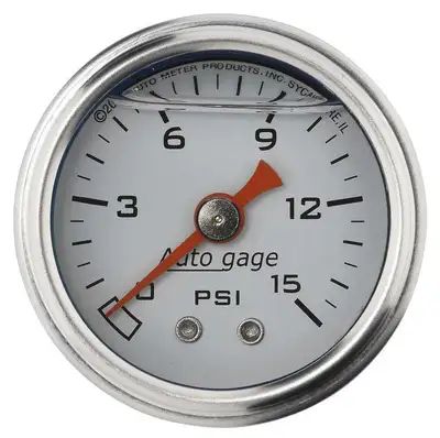 AutoMeter Gauge, Pressure, 1.5" direct mnt, 15psi, Liquid Filled Mech, Wht, 1/8" NPTF Male