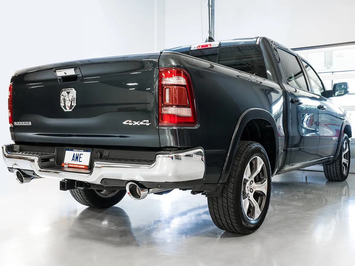 AWE 0FG Dual Rear Exit Catback Exhaust for 5th Gen RAM 1500 5.7L with bumper cutouts - Chrome Silver Tips product image