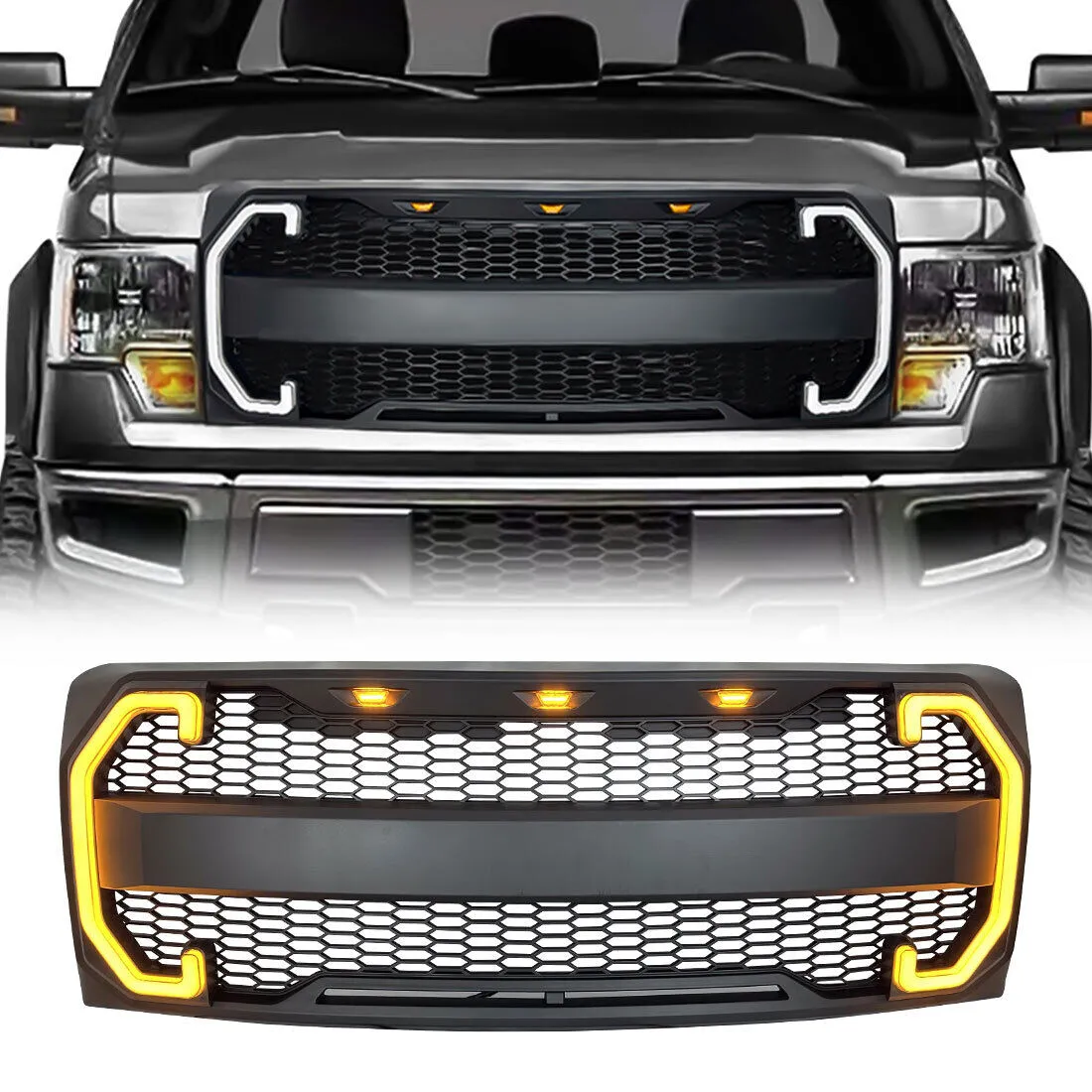 Raptor Style Mesh Grille W/ DRL & Turn Signal Lights - Matte Black For 2009-2014 Ford F150 product image