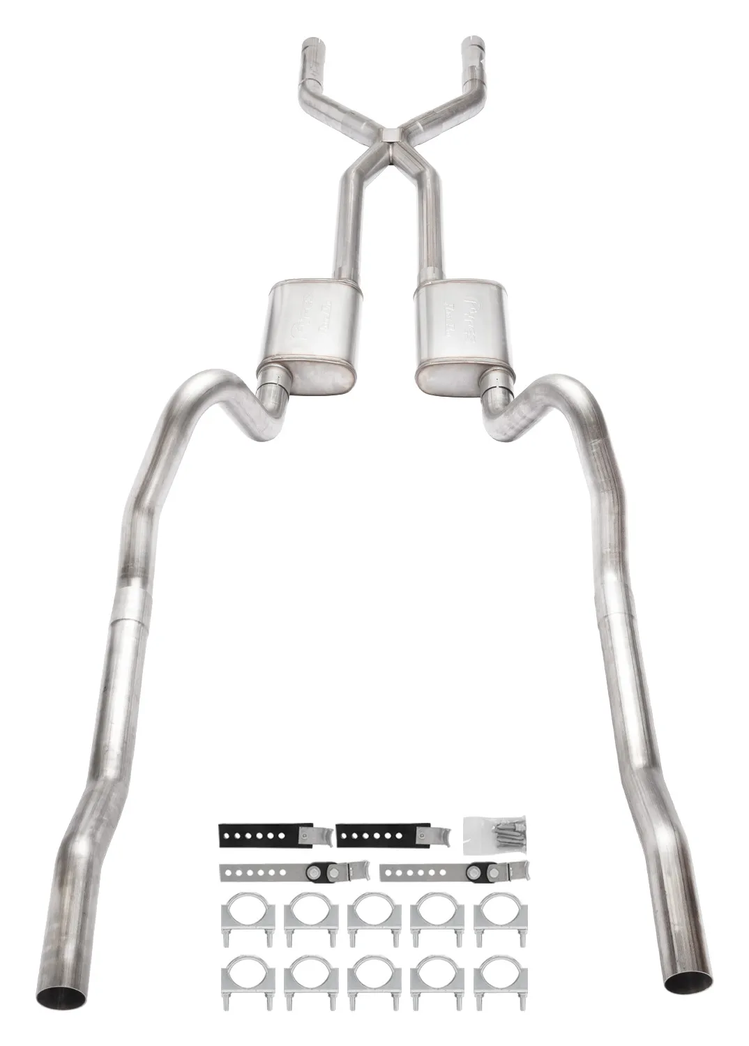 1966-1974 Mopar B-Body 3 Inch Crossmember Back Exhaust System With X-Pipe 409 Stainless With Street Pro Mufflers SMB13S product image