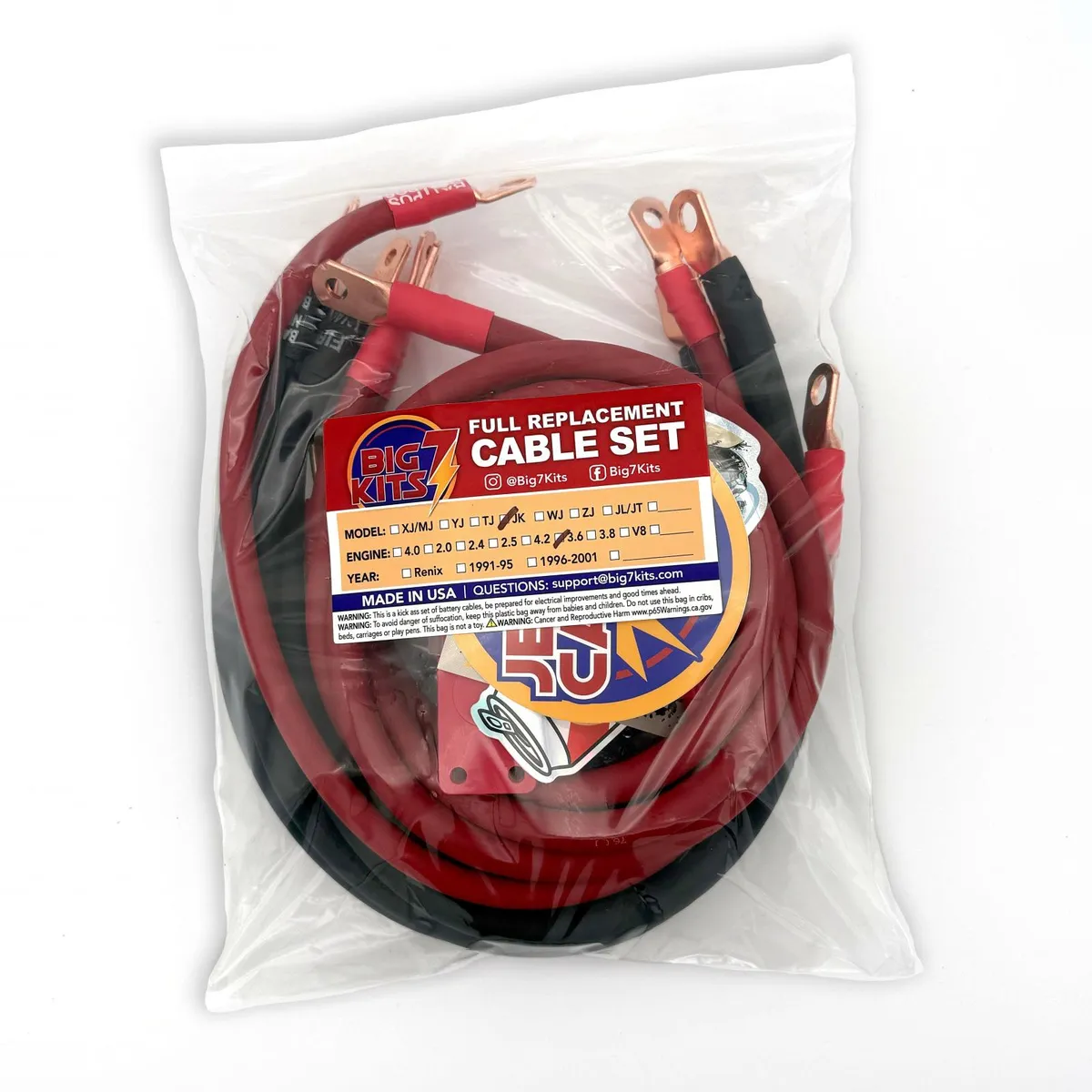 2007-2018 Jeep Wrangler JK Battery Cable Kit 3.8 Liter 1/0 Gauge Battery Cable Big7Kits product image