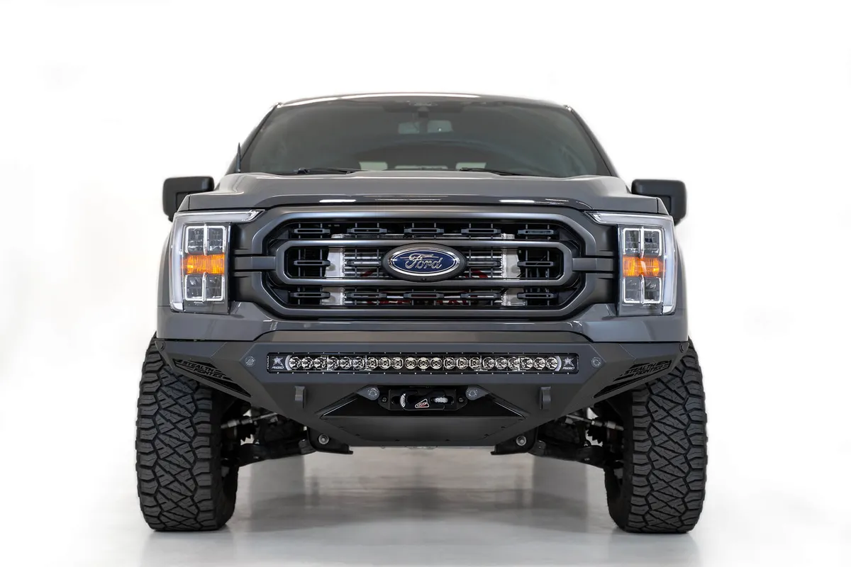 Ford F150 Stealth Fighter Winch Front Bumper with 10 Cube Mounts Universal Plate on op and 10 SR Cube Mounts on Sides with SENSOR Cutouts with D-ring Mounts in Hammer Black with Satin Black panels 2021 Ford F-150 product image