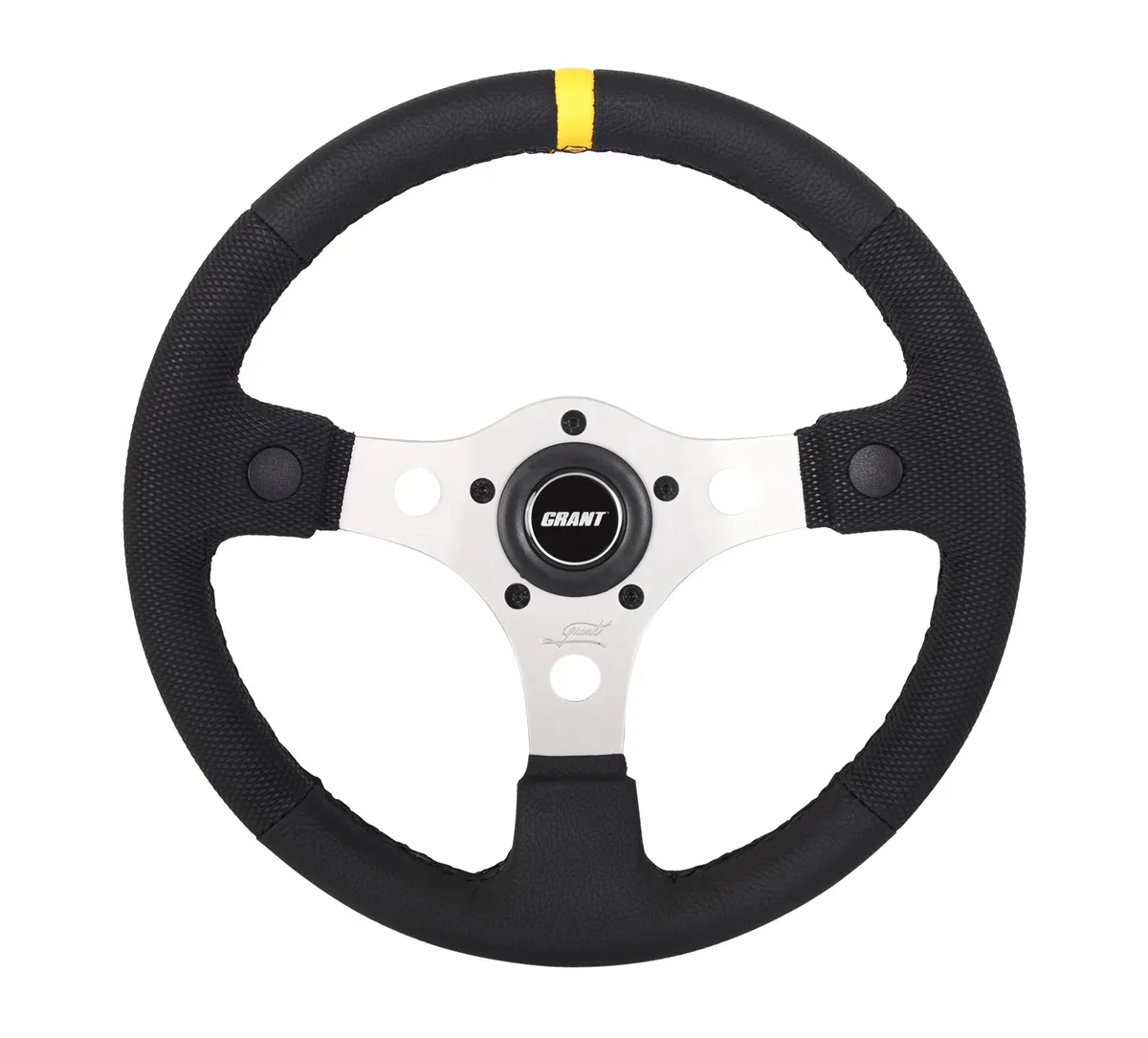 Performance GT Series Steering Wheel; 13 in. Diameter.; Black Vinyl Grip w/Yellow Top Marker; Silver Anodized Aluminum 3-Spoke; product image