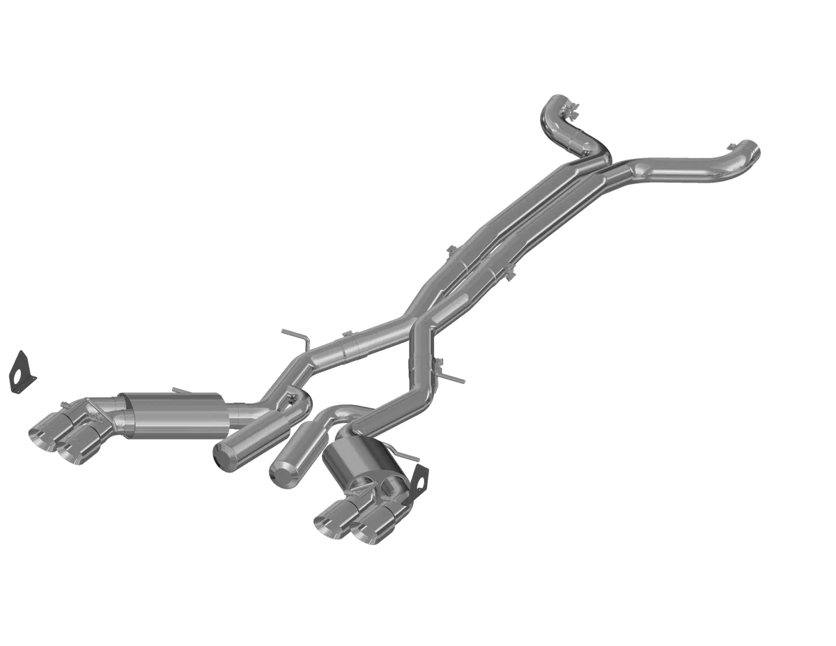 Armor Plus Cat Back Exhaust System; 3 in.; Incl. Front Pipes/X-Pipe/Extension Pipes/Hardware/Quad 4 in. OD Tips; Dual Split Rear Exit; Street Version; T409 Stainless Steel; product image