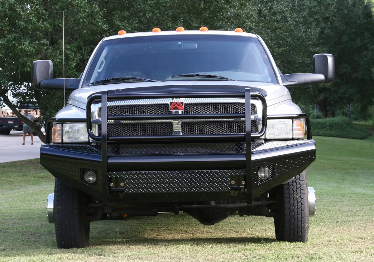 Fab Fours Black Steel Front Ranch Bumper; 2 Stage Black Powder Coated; w/Full Grill Guard; Incl. Light Cut-Outs;