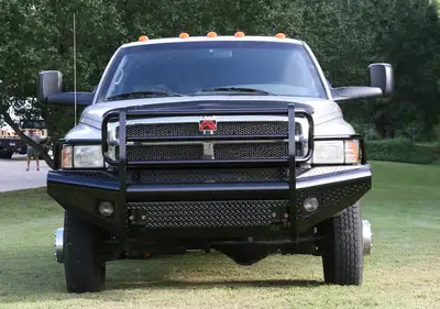 Fab Fours Black Steel Front Ranch Bumper; 2 Stage Black Powder Coated; w/Full Grill Guard; Incl. Light Cut-Outs;