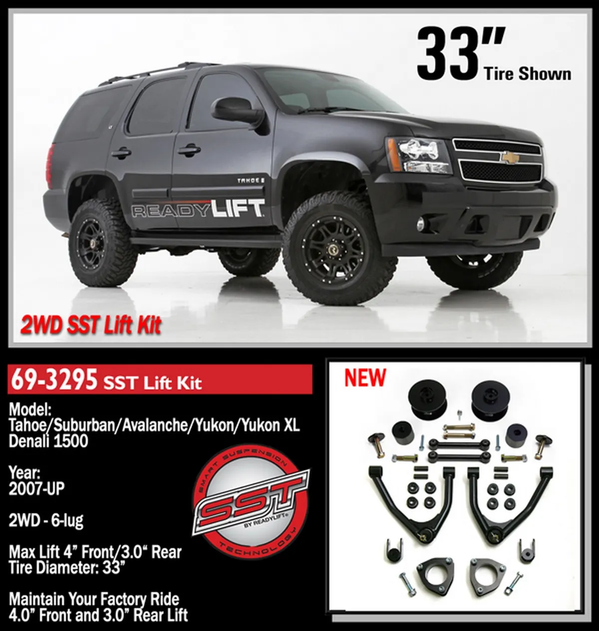 4.0 Front Strut Extension-3.0 Rear Coil Spacer-Tube A-Arm 2007-2016 Chevroletgmc Tahoesuburbanyukon XL 2WD product image