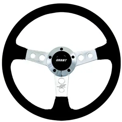 Grant Collectors Edition Steering Wheel; 14 in. Diameter; 3 3/4 in. Dish; Black Leather Grip; Polished Alum 3-Spoke Design; 2 Hole Cut Out Spoke; Incl. Trim Ring/Black Styling Sleeve;