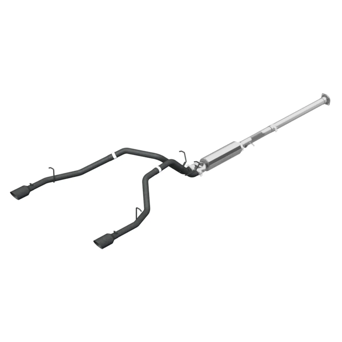 Armor BLK Cat Back Exhaust System; 2.5 in.; Incl. Front Pipe/Extension Pipe/Muffler/Over Axle Pipes/Tailpipes/Hardware/4.5 in. OD Tips; Dual Split Rear Exit; Black Coated; product image
