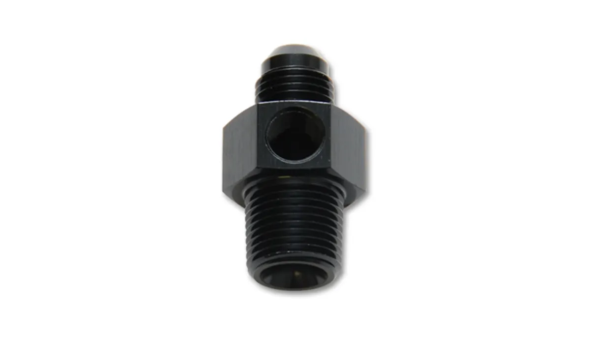 Male an to Male Npt Union Adapter Fitting; -8an; 0.25 In. Male Npt; 6061 Aluminum; Black Anodized; W/0.125 In. Npt Port; Flare; product image