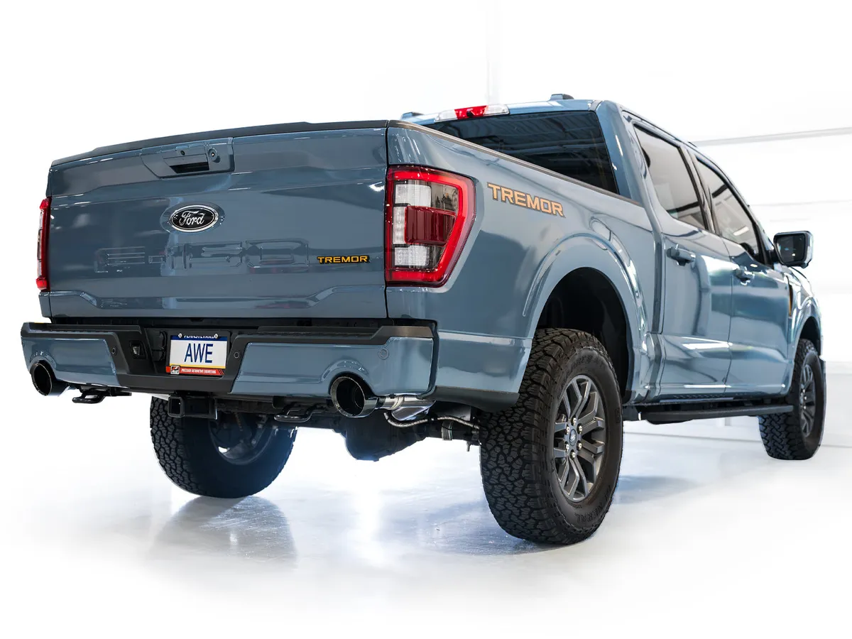 AWE 0FG Resonated Catback for 21 Ford F-150 Tremor (With Bumper Cutouts) - Chrome Silver Tips 3015-32402 product image