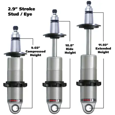 Ridetech HQ Coil-Over Shock W/ 2.9 Inch Stroke And 2 Inch Stud Mount Universal 1 Rebound Adjustable Shockspring Mounts Delrin Spring Washers And Bearing Spacers 1/2 Inch And 5/8 Inch 9 Inch X 11.9 Inch W/ A 10.5 -10.75 Inch Ride Height Ridetech
