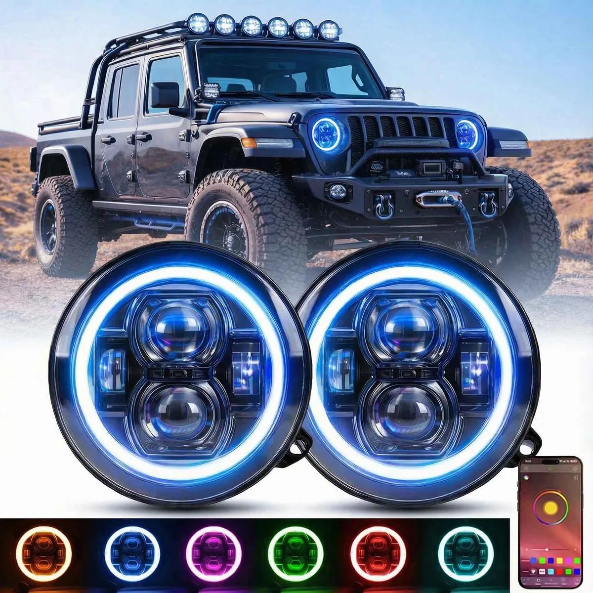 LED Factory Mart "9"" LED RGB Jeep Headlights with White Halo for 2018-2026 Wrangler JL & Gladiator JT"