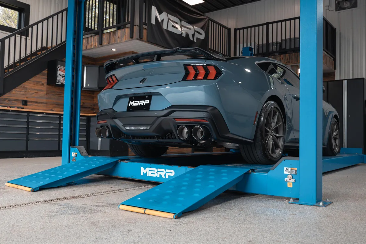 MBRP 2024-2025 Ford Mustang Dark Horse 5.0L T304 Stainless Steel 3 Cat-Back Quad Split Rear Exit with Carbon Fiber Tips Active S72843CF product image