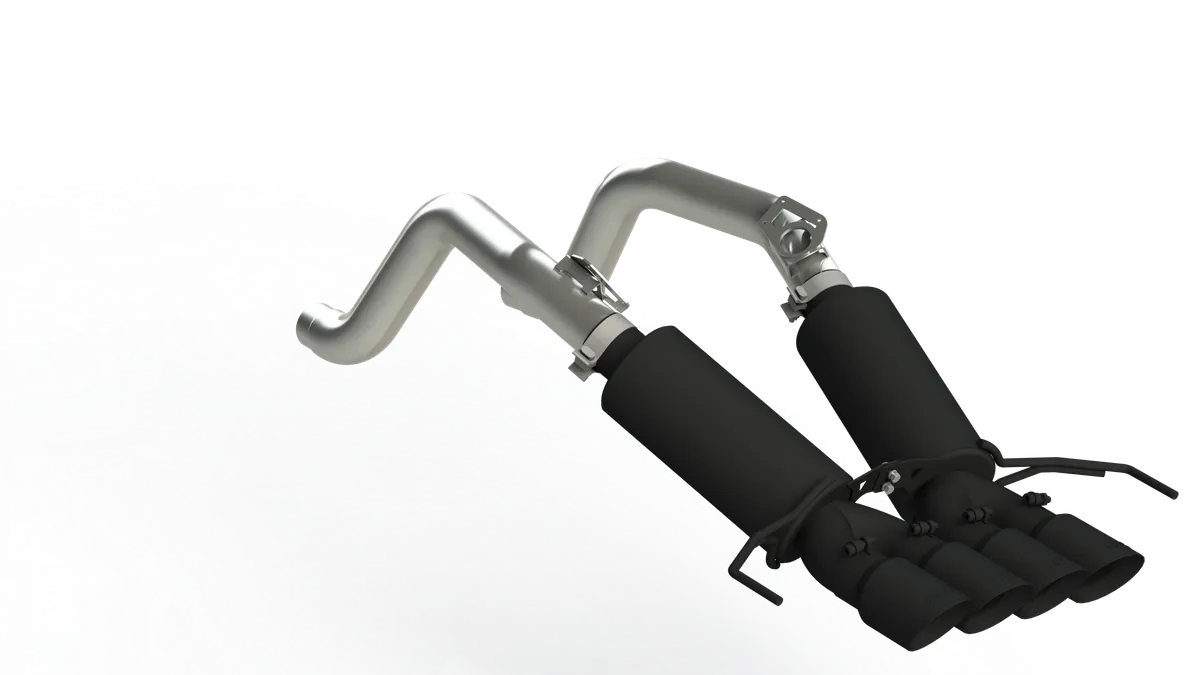 Armor BLK Axle Back Exhaust System; 3 in.; Incl. Dual Mufflers/Over Axle Pipes/Hardware/Quad 4 in. OD Dual Wall Tips; Dual Rear Exit; Black Coated; product image