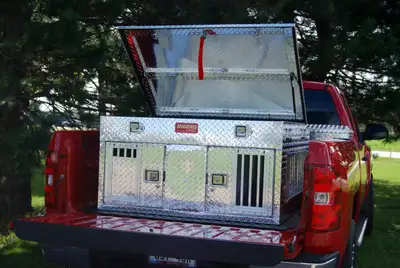Owens Products Dog Box Hunter Series Double Compartment with Top Storage / 48 W x 45 D x 26 H / All Seasons Vents / Diamond Tread Aluminum / Owens Products