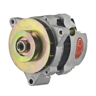 Power Master GM 5X5 Race Alternator; CS121; 3 Point Mounting; Side Battery Post; 100 Amp; 60 Idle; XS Volt; 1 Groove V Type Pulley; Natural;