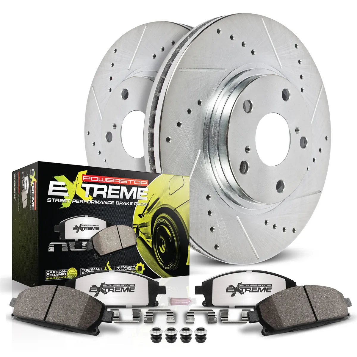 PowerStop Z26 Street Warrior Upgrade Kit: Drilled/Slotted Rotors; Carbon-Fiber Ceramic Pads w/Hardware; Pad Sensors