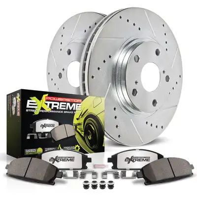 PowerStop Z26 Street Warrior Upgrade Kit: Drilled/Slotted Rotors; Carbon-Fiber Ceramic Pads w/Hardware; Pad Sensors