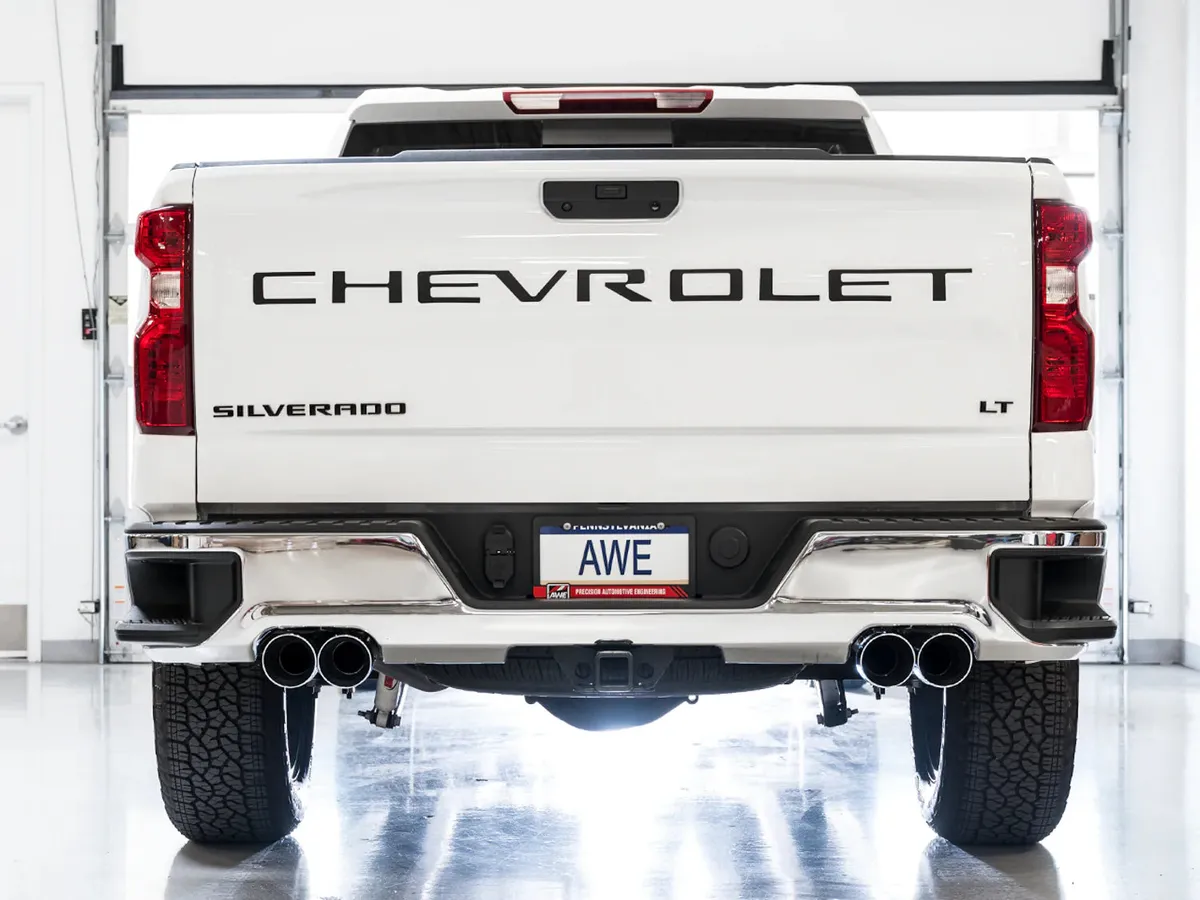 AWE 0FG Catback Split Rear Exit Exhaust for 4th Gen Silverado/Sierra 1500 6.2L (With Bumper Cutouts) - Quad Diamond Black Tips product image