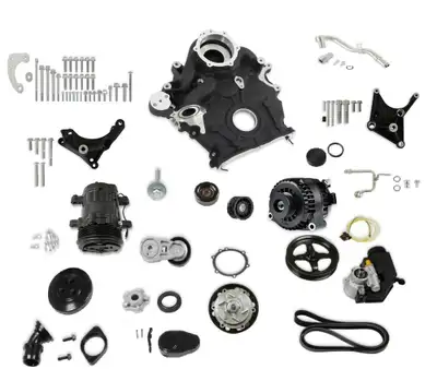 Holley Fits Ford 7.3L Godzilla - Includes Timing Cover/Coolant Manifold, SD7 A/C Compressor, Alternator, P/S Pump, Tensioner, Water Pump, Belt & Pulleys