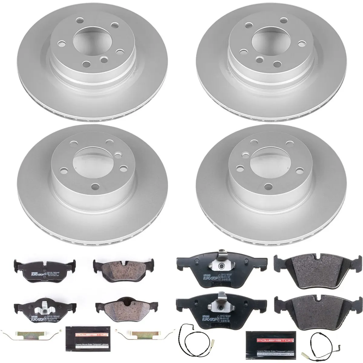 Euro-Stop Kit: Genuine Geomet Fully Coated Rotors; Ece-R90 Certified Pads W/Hardware; Pad Sensors product image