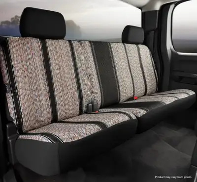 FIA Wrangler™ Custom Seat Cover; Saddle Blanket; Black; Split Seat 60/40; Solid Backrest; Adjustable Headrests; Built In Center Seat Belt;