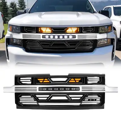AMERICAN MODIFIED Armor Front Grille W/ Off-Road Lights & Amber Lights - Chrome Glossy Black For 2019-2022 Chevy Silverado 1500