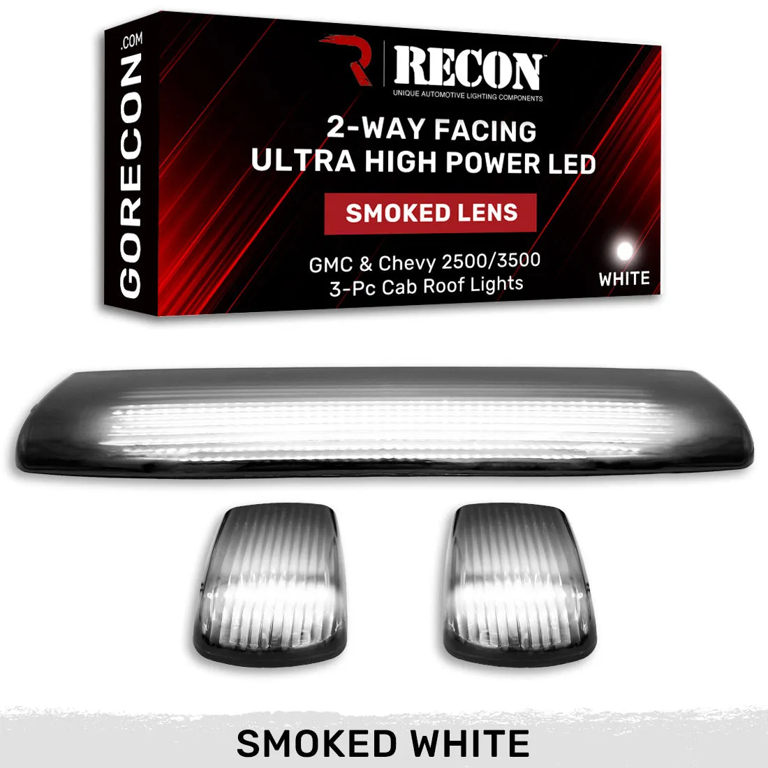 Gmc Chevy 15-19 3rd Gen Body Style Heavy-Duty 3-Piece Set Smoked Cab Roof Light Lens With 2-Way Forward Rear Facing White Ultra High-Power Leds - Plug-N-Play Installation Replaces OEM Installed Cab Roof Lights product image