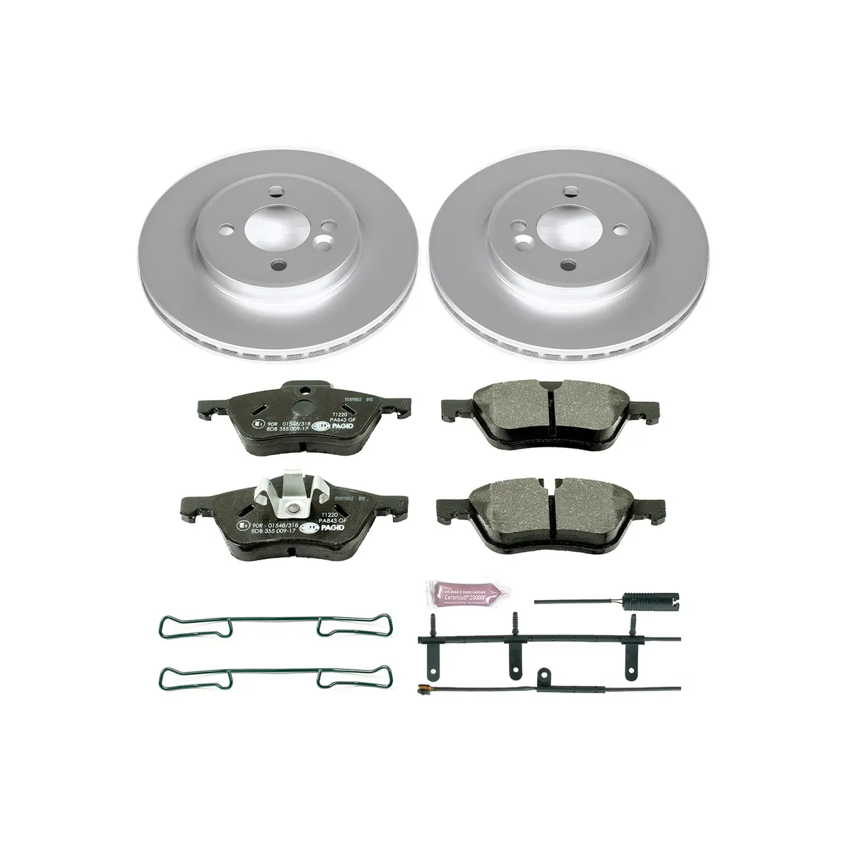 Euro-Stop Kit: Genuine Geomet Fully Coated Rotors; Ece-R90 Certified Pads W/Hardware; Pad Sensors product image