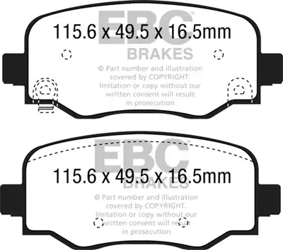 EBC Brakes Ultimax OEM Replacement Brake Pads; FMSI Pad No. D1809; Pad Dimensions: 115.6 x 49.5 x 16.5mm;