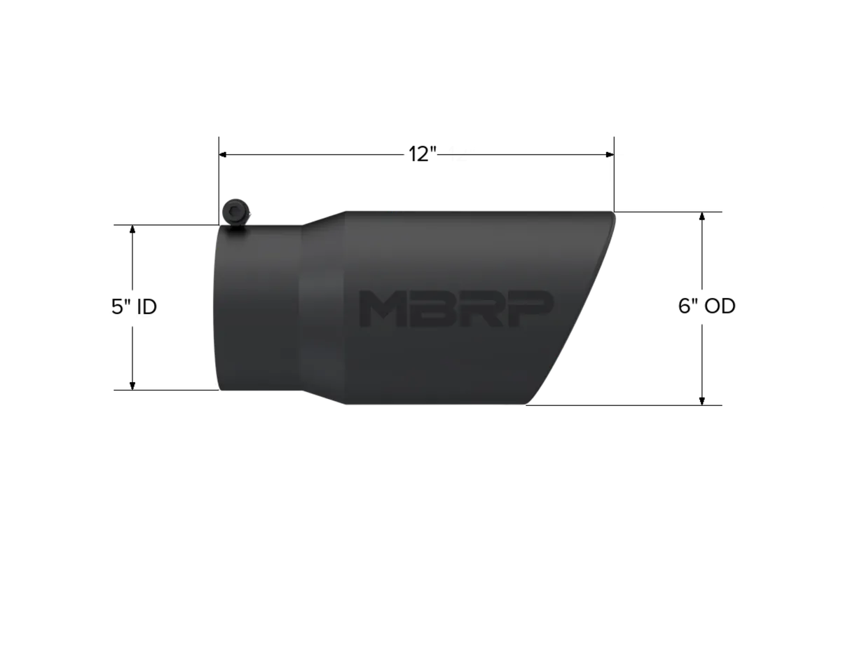 Armor BLK Exhaust Tip; 5 in. Inlet Diameter; 6 in. Outlet Diameter; 12 in. Length; Angled Rolled Edge; T304 Stainless Steel; Black Coated; product image
