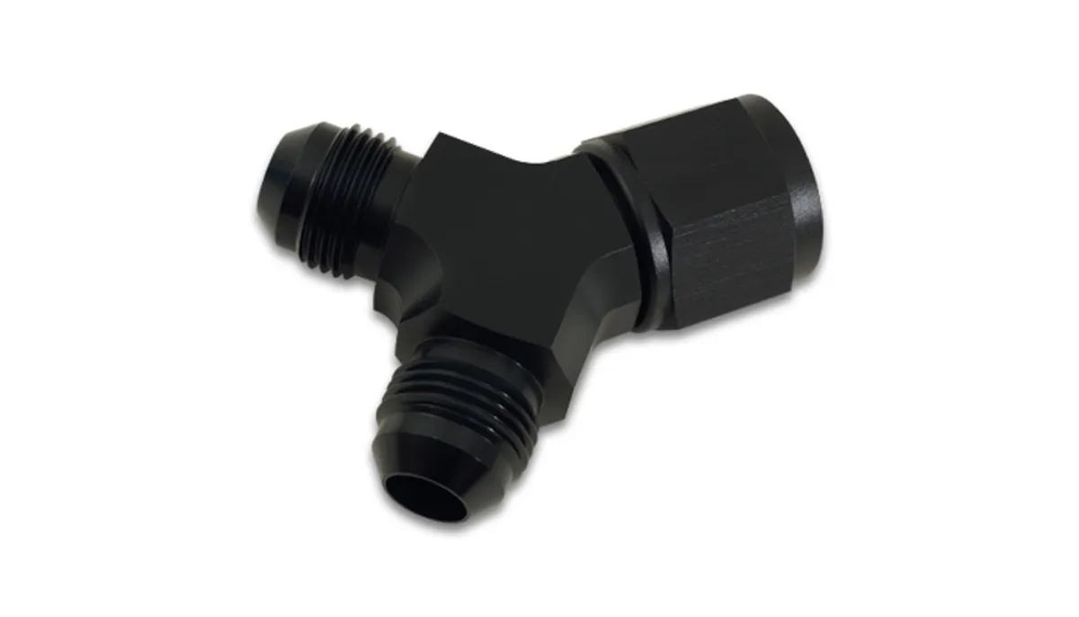 Vibrant Performance 90 Degree Y Adapter Fitting; -12AN Female Size; -10AN Dual Male Size; 6061 Aluminum; Black Anodized;