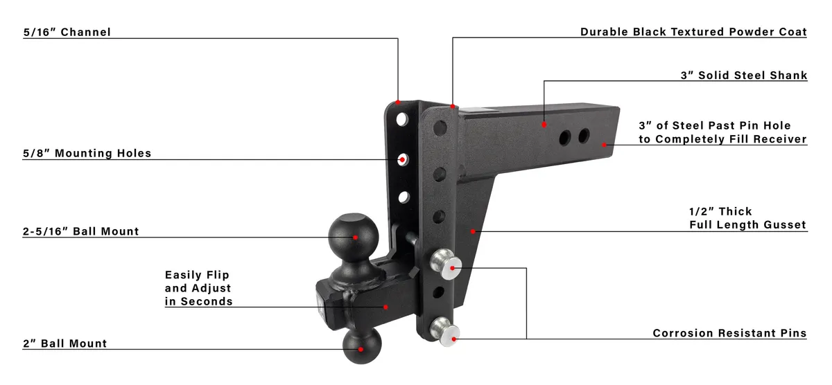 3.0" Heavy Duty 6″ Drop/Rise Hitch - 2" & 2-5/16" Dual Ball (No Additional Cost) product image