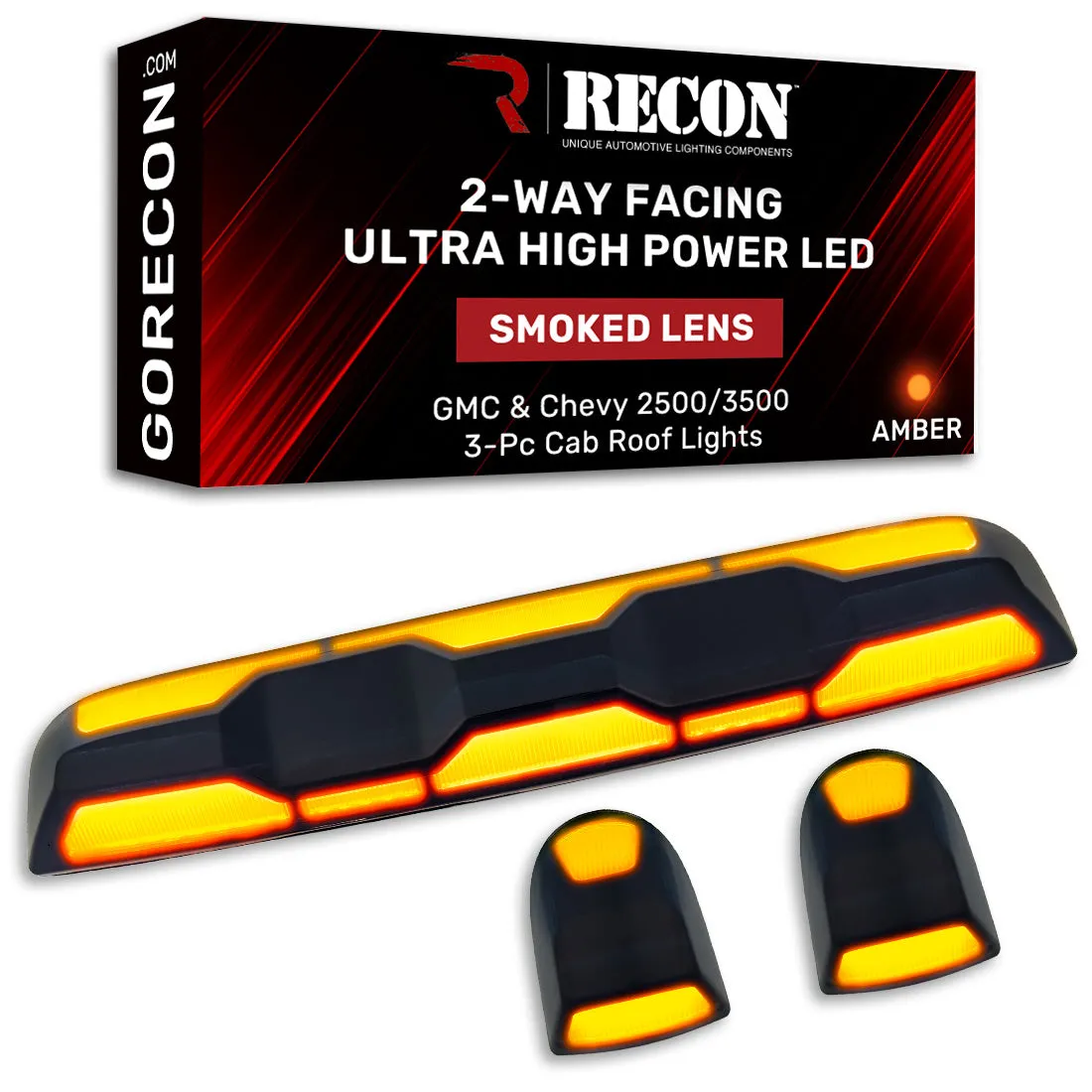 Gmc Chevy 20-23 4th Gen Body Style Heavy-Duty 3-Piece Set Amber Cab Roof Light Lens With 2-Way Forward Rear Facing Amber Ultra High-Power Leds - Includes Complete Wiring Kit For Installation on Truck That Did Not Come With OEM Installed Cab Roof product image