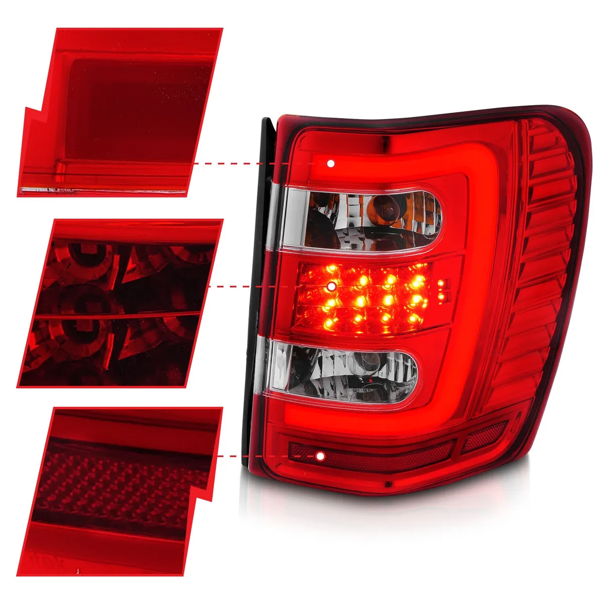 LED Tail Lights w Light Bar Chrome Housing Red Clear Lens Jeep Grand Cherokee 1999-2004 product image