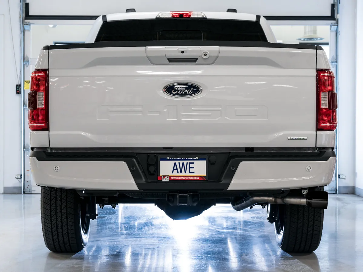 AWE 0FG Dual Split Rear Exhaust for '21+ Ford F-150 - 5" Diamond Black Tips product image