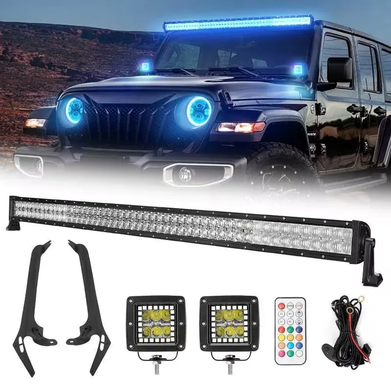 LED Factory Mart "52"" Rgbw LED Light Bar & 2 RGB Pods & All Brackets For Jeep Wrangler JL Jlu And Gladiator Jt"
