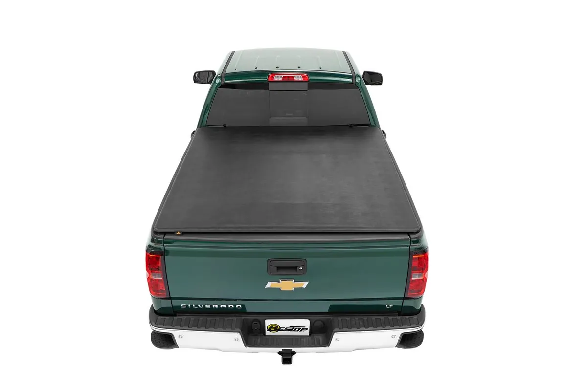 Soft Tri-Fold Tonneau Cover EZ-Fold For 2014-2018 Silverado/Sierra 1500 5.8 Foot Black Tailgate Spoiler Not Included Bestop product image