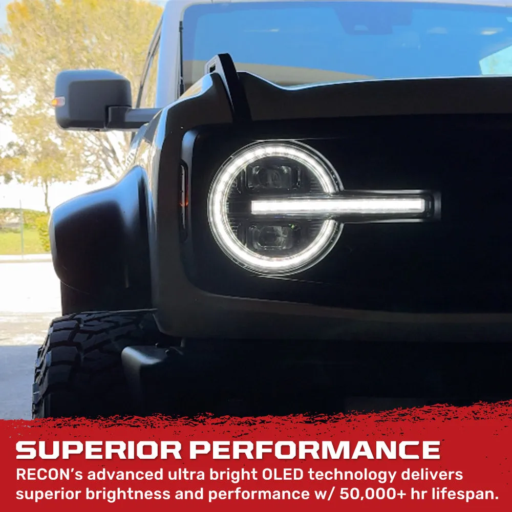 Recon Ford Bronco 21-24 LED Projector Headlights w Ultra High Power LED hi Low Beam White LED Scanning Turn Signals With Start-Up Lighting Sequence White LED Daytime Running Lights - Smoked / Black With White LED Turn Signals 264479bkwh product image