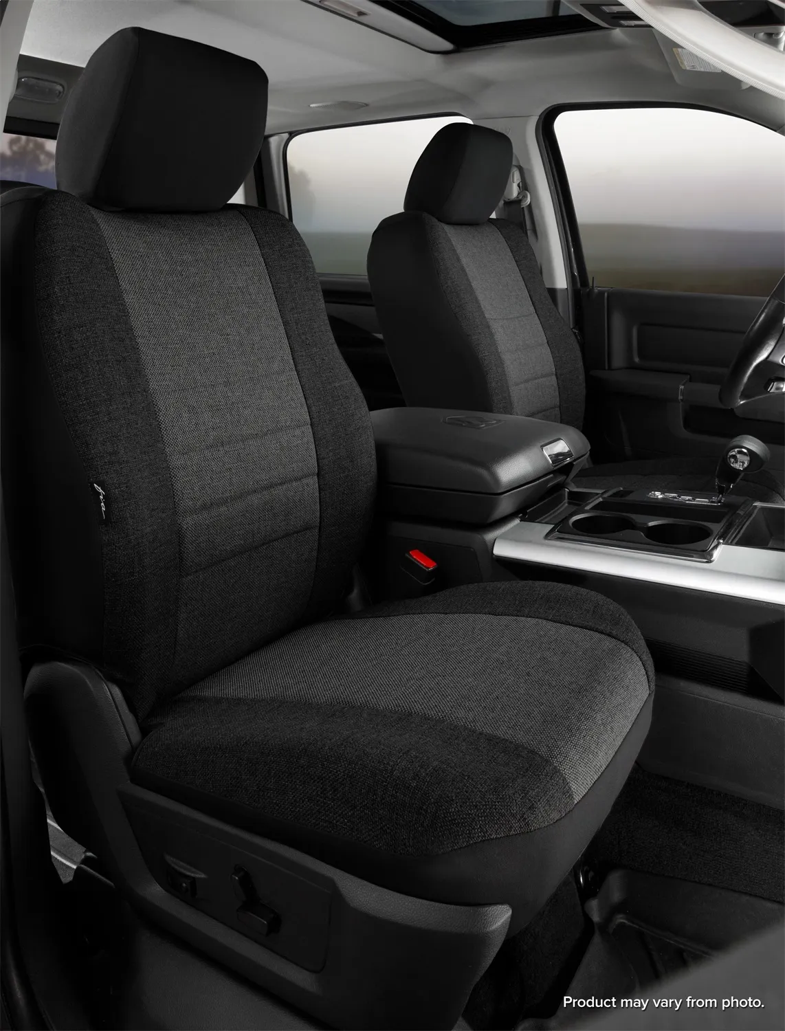 OE™ Custom Seat Cover; Tweed; Charcoal; Bucket Seats w/Non-Removable/Adjustable Headrests And Side AirBags; product image