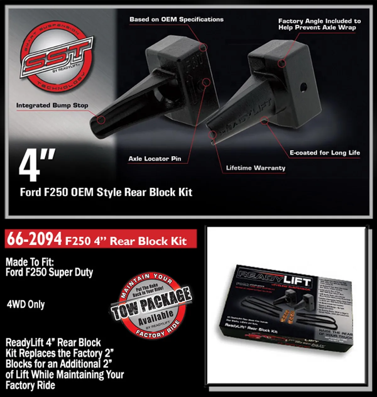 4.0 Tall Taper Block-1 Piece Drive Shaft 1999-2010 Ford F250f350f450 2WD 4WD product image