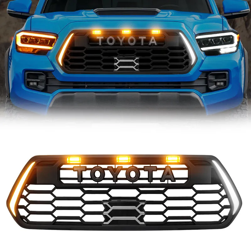 LED Factory Mart TRD Pro style grille with LED DRL and turn signals installed on black Toyota Tacoma truck