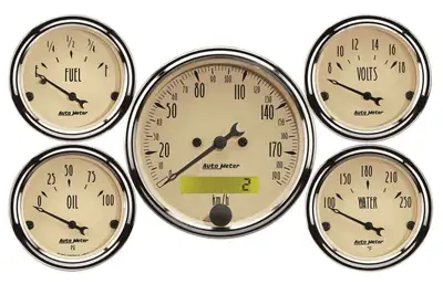 AutoMeter 5 Pc. Gauge Kit; 3-1/8in./2-1/16in.; Elec. Km/H Speedometer; Antique Beige
