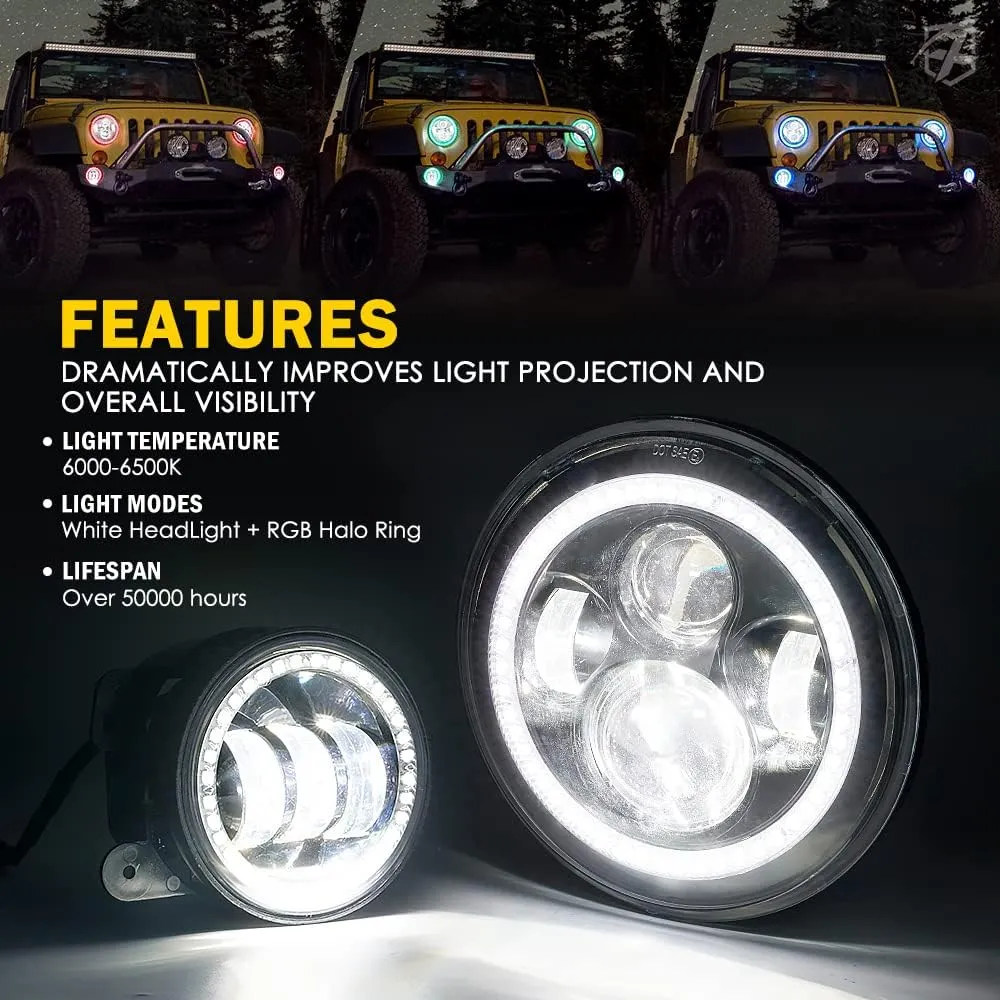 Xprite 7" Inch RGB Halo LED Headlights & 4" Fog Lights Led Combo For 2007-2018 Jeep Wrangler JK Jku product image