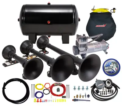Kleinn Automotive Accessories Pro Blaster™ Triple Horn Kit; Black; Includes Horns PN[730]/ 150/200 PSI Waterproof 100% Duty Cycle Air Compressor PN[6450RC]/ 5.0 Gallon Air Tank PN[6450RT];