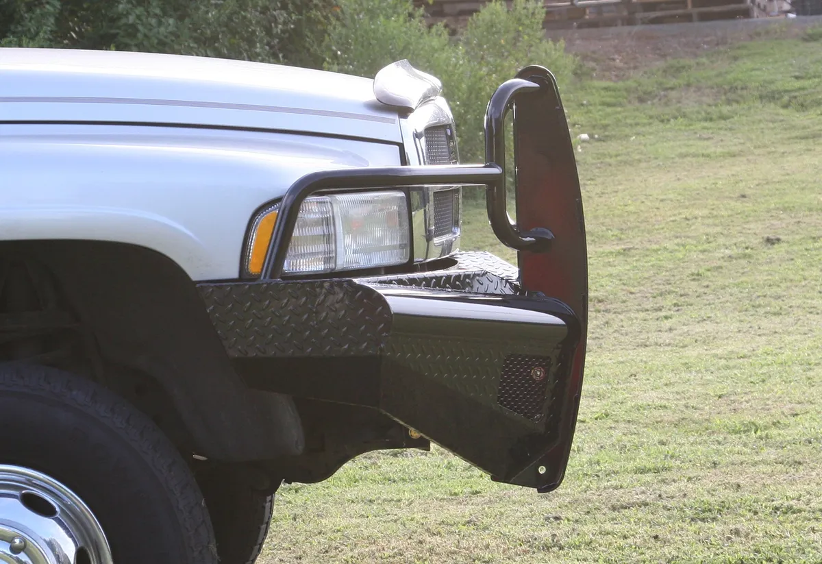 Black Steel Front Ranch Bumper; 2 Stage Black Powder Coated; w/Full Grill Guard; Incl. Light Cut-Outs; product image