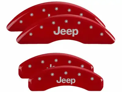 MGP Caliper Covers Set of 4 Caliper Covers Engraved Front/Rear Jeep Silver Characters Red Powder