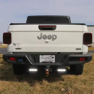 Race Sport 2020-Current Jeep Gladiator Hitch Bar Reverse 7in LED Flood Lighting Heavy Duty Bolt-On Blacked Out Kit with Heated Lens and Dual End Light Cap